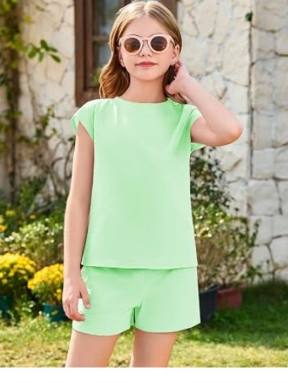 Girls 2 Piece Outfits Summer Casual Lounge Set Clothing Set Green
